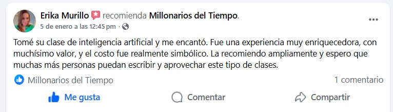 Reseña de Facebook de Erika Murillo sobre la clase de IA