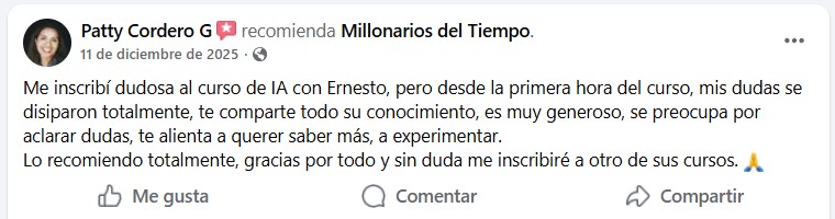 Reseña de Facebook de Patty Cordero recomendando Millonarios del Tiempo