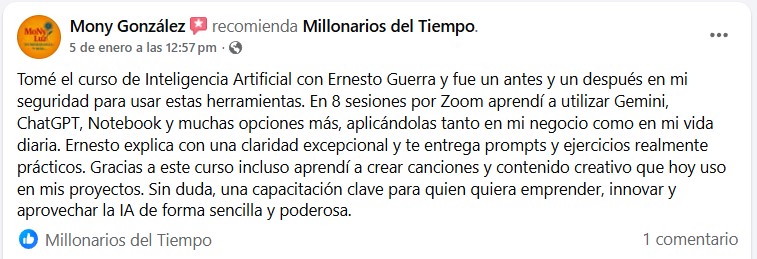 Reseña de Facebook de Mony González sobre el curso de Inteligencia Artificial