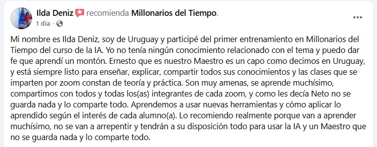 Reseña de Facebook de Ilda Deniz, alumna de Uruguay